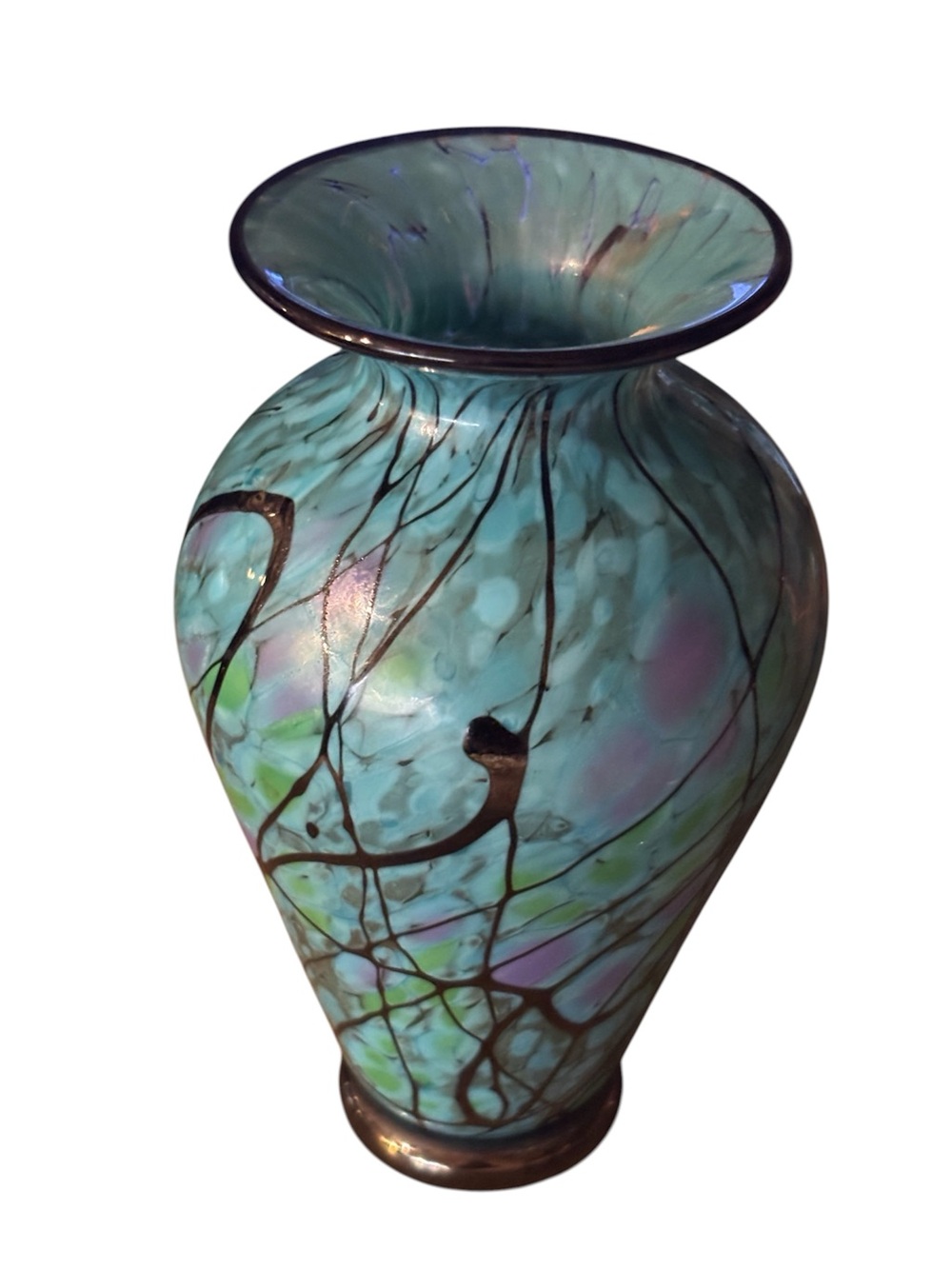 Signed David Lindsay Art Glass Vase 2017 Turquoise & Gold Webbed Blown Glass